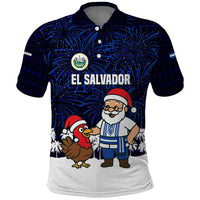 El Salvador Christmas Polo Shirt with Santa Claus Turkey Fireworks Palm Trees and National Emblem Design - Wonder Print Shop