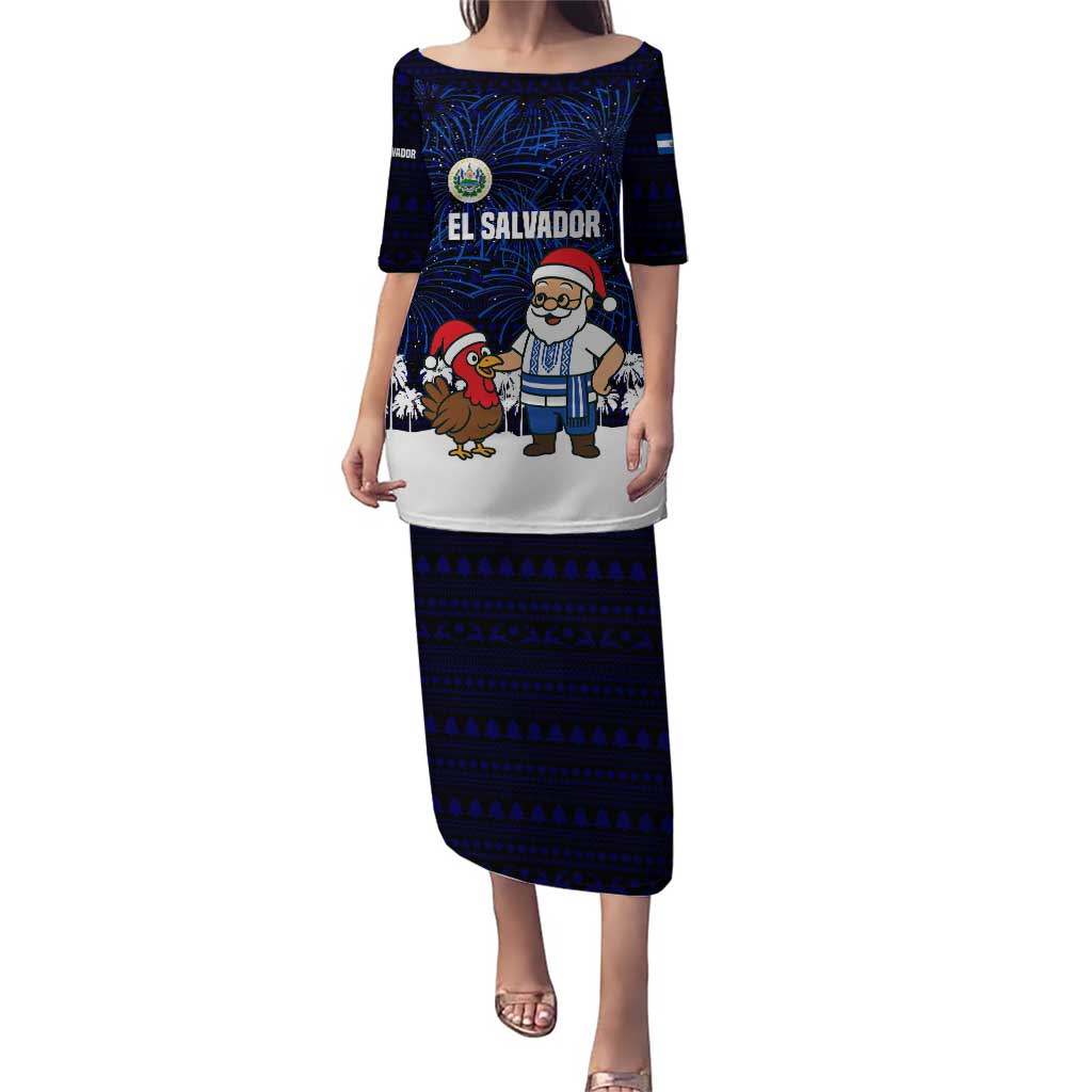 El Salvador Christmas Puletasi with Santa Claus Turkey Fireworks Palm Trees and National Emblem Design - Wonder Print Shop