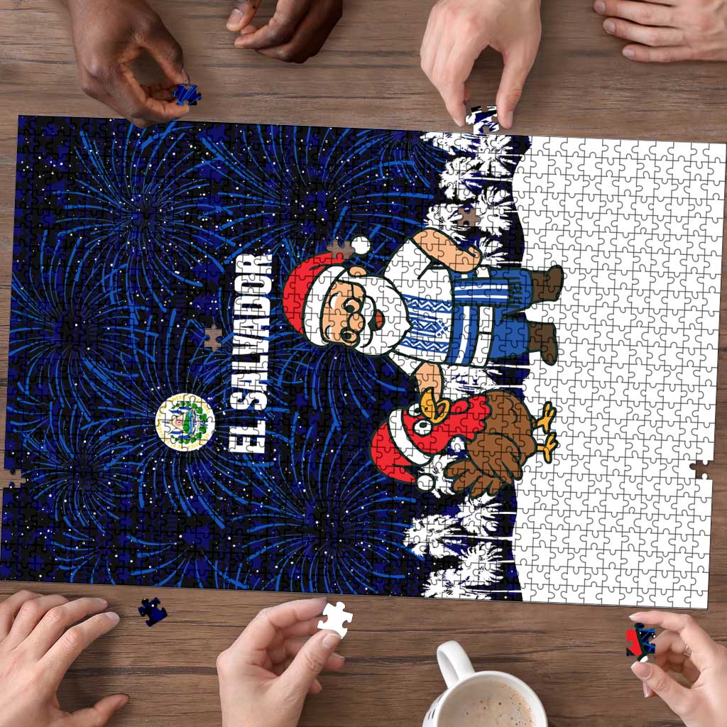 El Salvador Christmas Puzzle with Santa Claus Turkey Fireworks Palm Trees and National Emblem Design - Wonder Print Shop