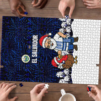 El Salvador Christmas Puzzle with Santa Claus Turkey Fireworks Palm Trees and National Emblem Design - Wonder Print Shop