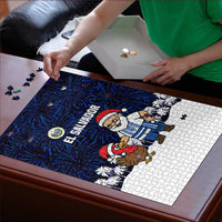 El Salvador Christmas Puzzle with Santa Claus Turkey Fireworks Palm Trees and National Emblem Design - Wonder Print Shop