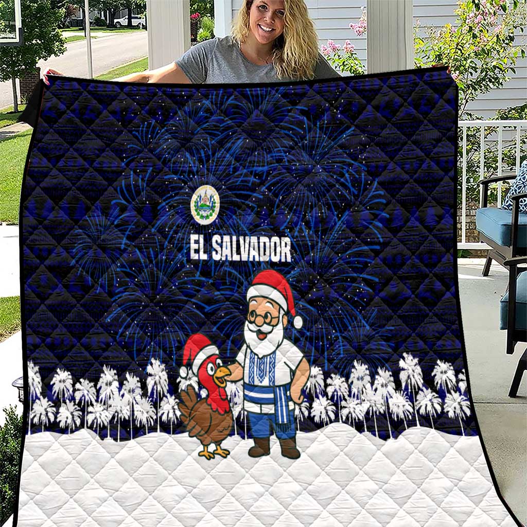 El Salvador Christmas Quilt with Santa Claus Turkey Fireworks Palm Trees and National Emblem Design - Wonder Print Shop