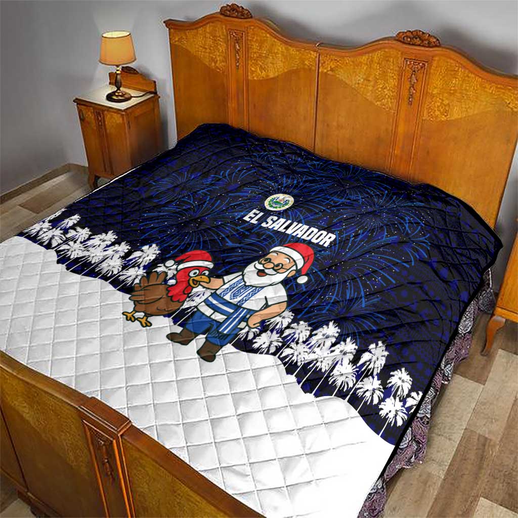El Salvador Christmas Quilt with Santa Claus Turkey Fireworks Palm Trees and National Emblem Design - Wonder Print Shop