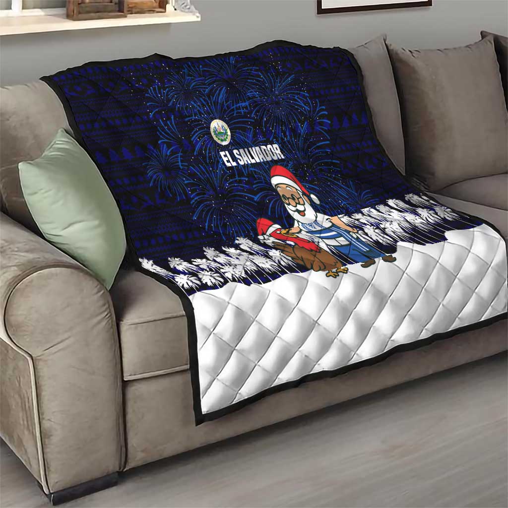 El Salvador Christmas Quilt with Santa Claus Turkey Fireworks Palm Trees and National Emblem Design - Wonder Print Shop
