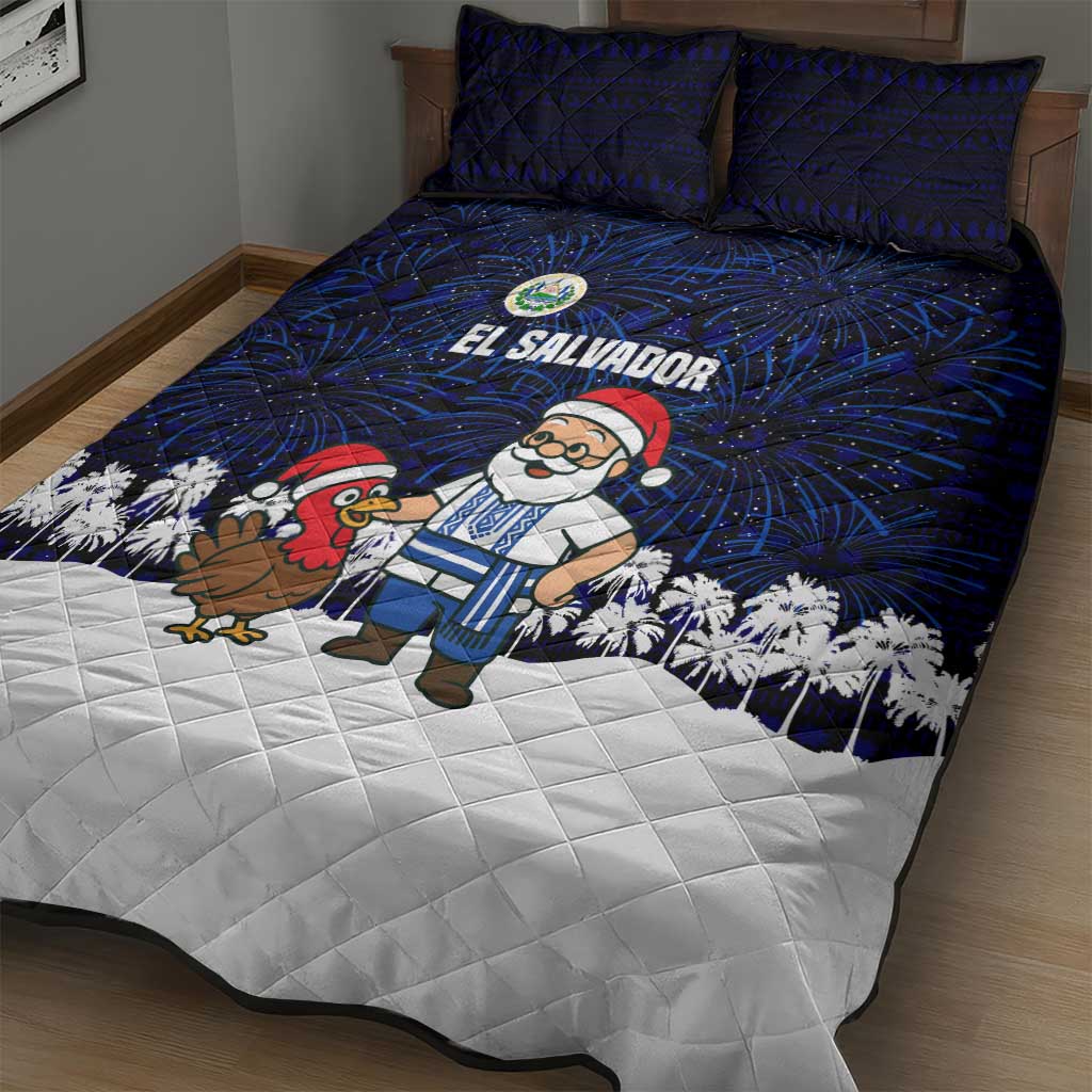 El Salvador Christmas Quilt Bed Set with Santa Claus Turkey Fireworks Palm Trees and National Emblem Design - Wonder Print Shop
