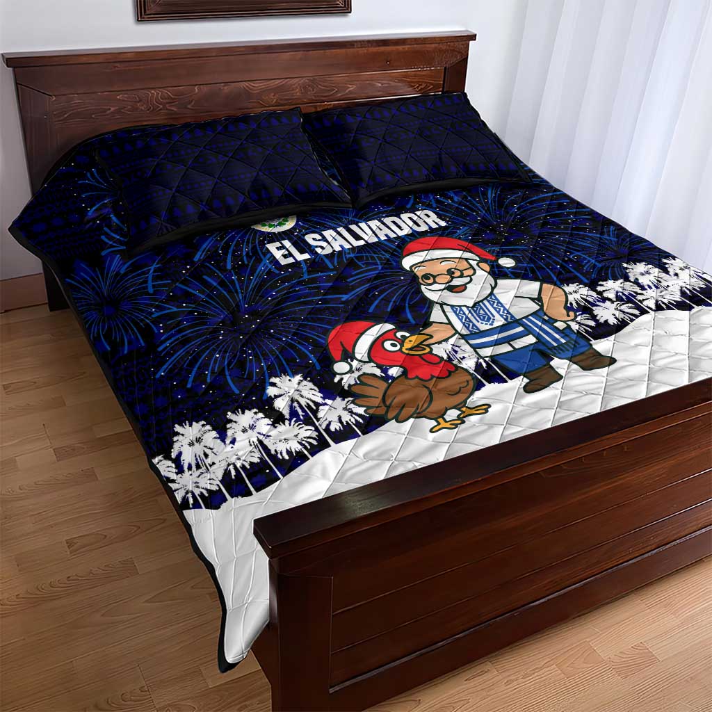 El Salvador Christmas Quilt Bed Set with Santa Claus Turkey Fireworks Palm Trees and National Emblem Design - Wonder Print Shop