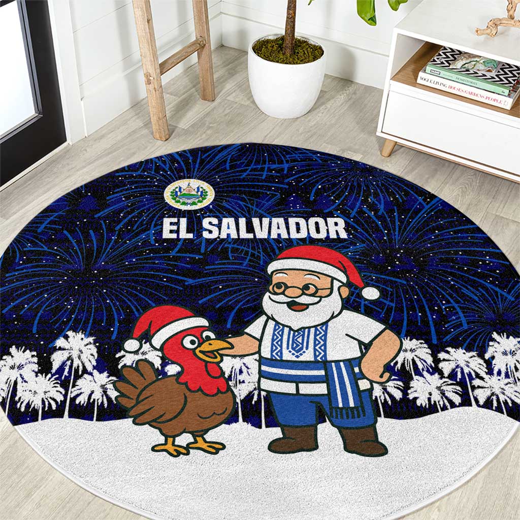 El Salvador Christmas Round Carpet with Santa Claus Turkey Fireworks Palm Trees and National Emblem Design - Wonder Print Shop