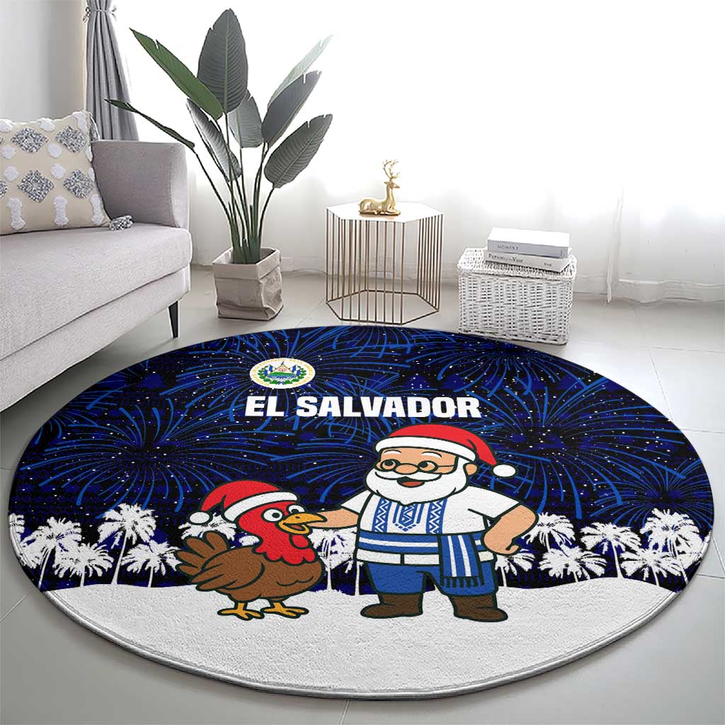 El Salvador Christmas Round Carpet with Santa Claus Turkey Fireworks Palm Trees and National Emblem Design - Wonder Print Shop