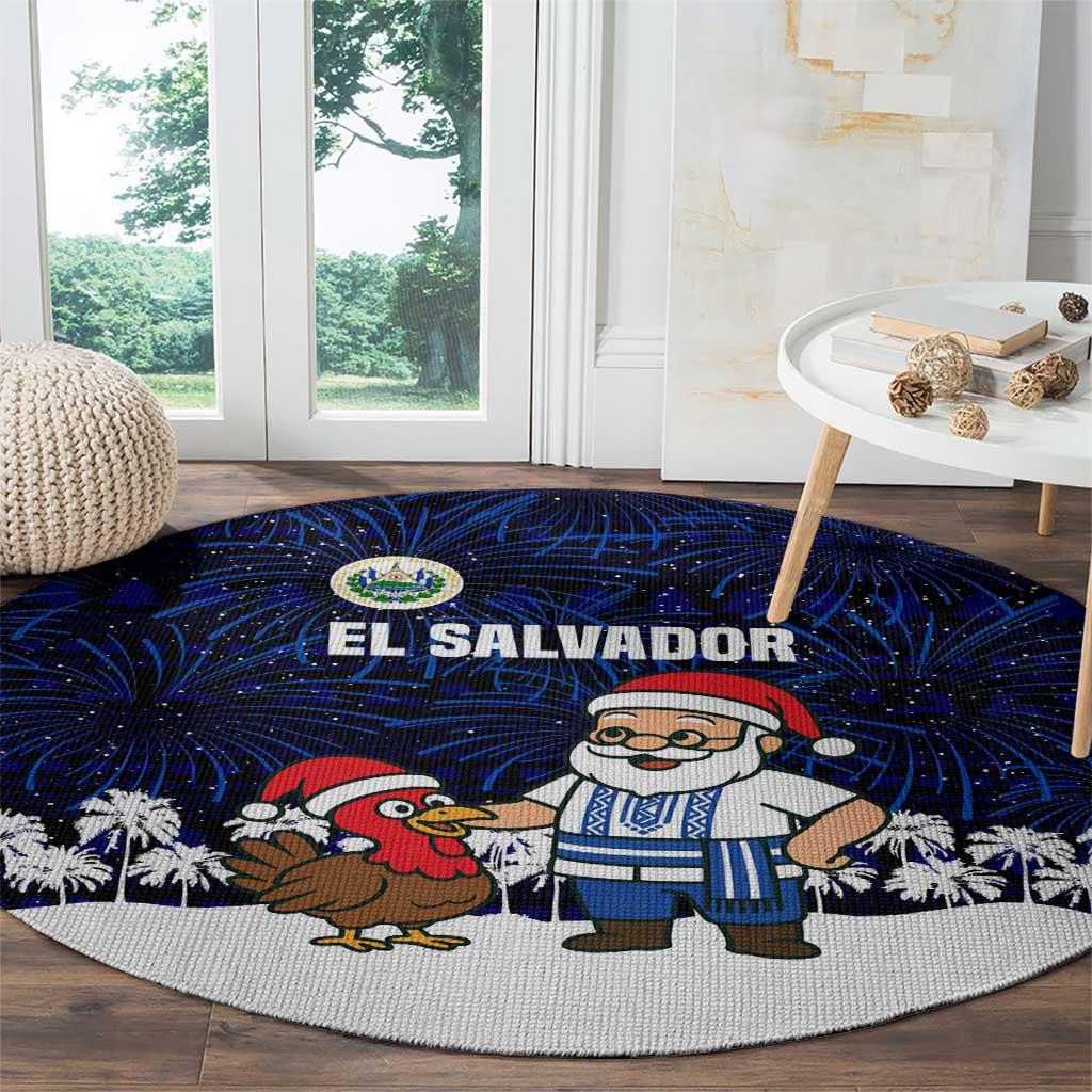 El Salvador Christmas Round Carpet with Santa Claus Turkey Fireworks Palm Trees and National Emblem Design - Wonder Print Shop