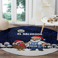 El Salvador Christmas Round Carpet with Santa Claus Turkey Fireworks Palm Trees and National Emblem Design - Wonder Print Shop