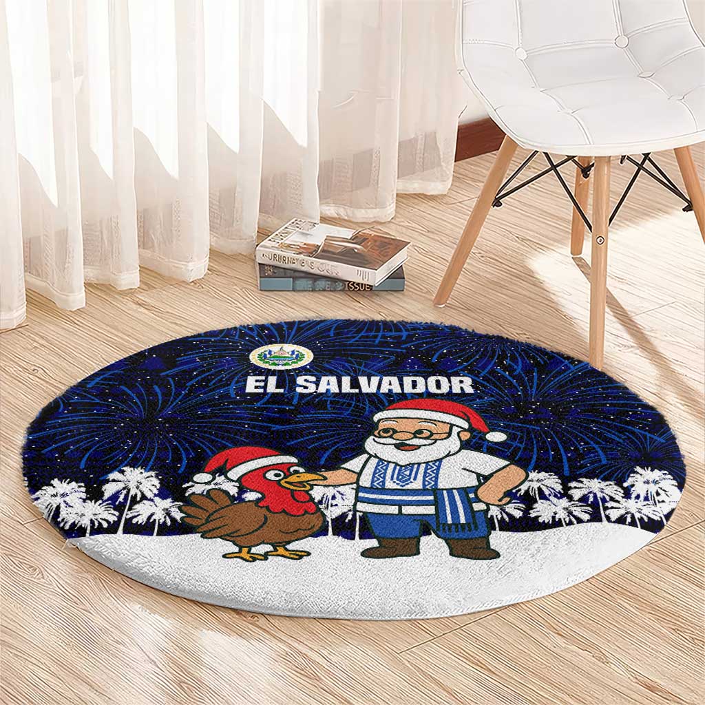 El Salvador Christmas Round Carpet with Santa Claus Turkey Fireworks Palm Trees and National Emblem Design - Wonder Print Shop
