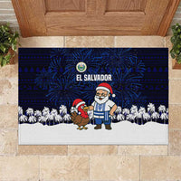 El Salvador Christmas Rubber Doormat with Santa Claus Turkey Fireworks Palm Trees and National Emblem Design - Wonder Print Shop