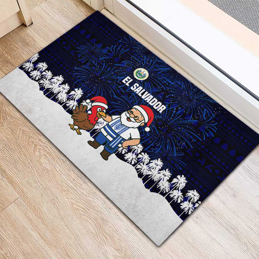 El Salvador Christmas Rubber Doormat with Santa Claus Turkey Fireworks Palm Trees and National Emblem Design - Wonder Print Shop