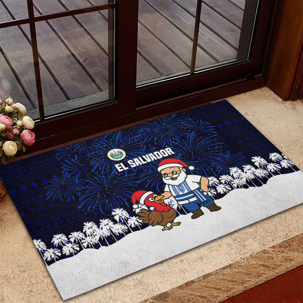 El Salvador Christmas Rubber Doormat with Santa Claus Turkey Fireworks Palm Trees and National Emblem Design - Wonder Print Shop
