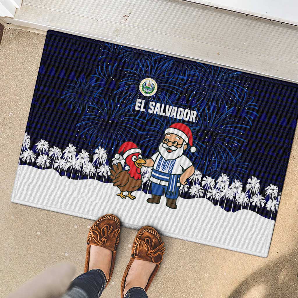 El Salvador Christmas Rubber Doormat with Santa Claus Turkey Fireworks Palm Trees and National Emblem Design - Wonder Print Shop