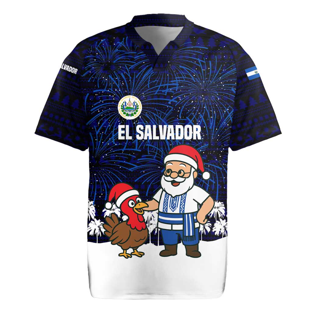 El Salvador Christmas Rugby Jersey with Santa Claus Turkey Fireworks Palm Trees and National Emblem Design - Wonder Print Shop