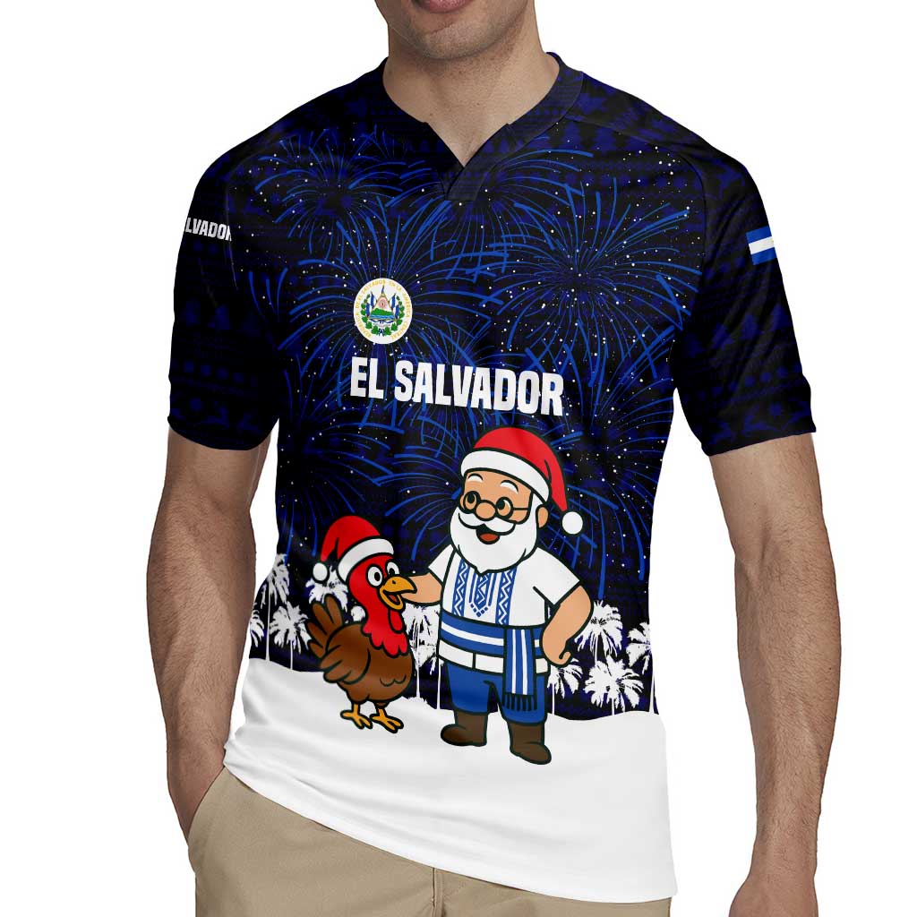 El Salvador Christmas Rugby Jersey with Santa Claus Turkey Fireworks Palm Trees and National Emblem Design - Wonder Print Shop