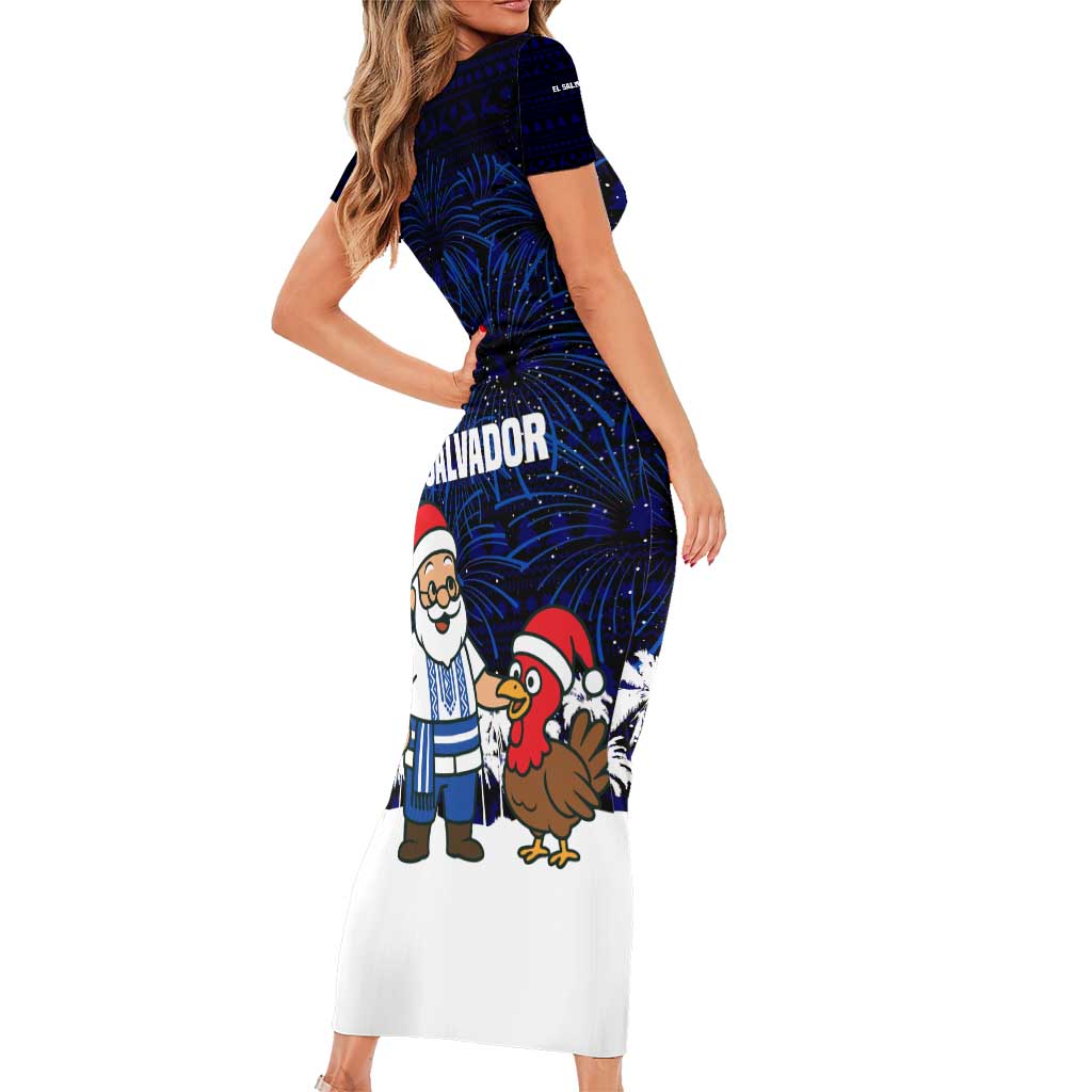 El Salvador Christmas Short Sleeve Bodycon Dress with Santa Claus Turkey Fireworks Palm Trees and National Emblem Design - Wonder Print Shop