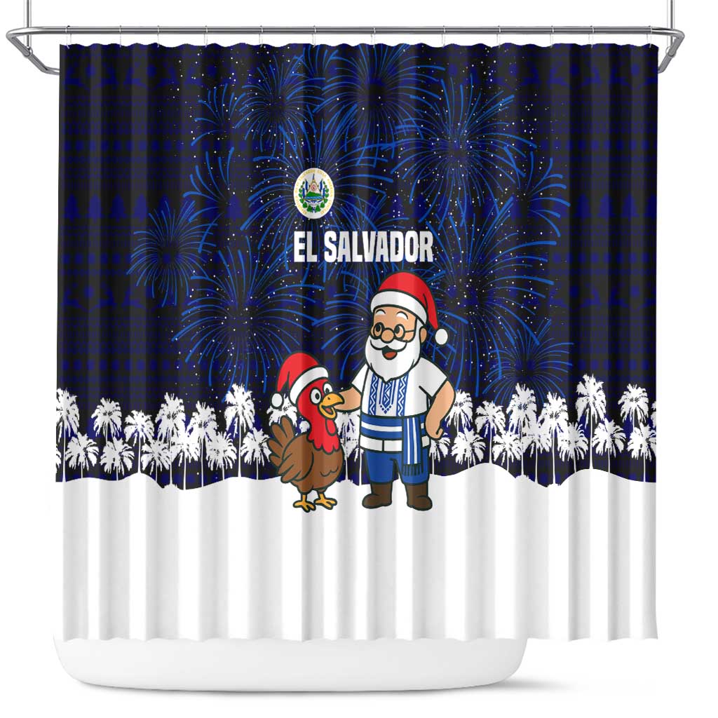 El Salvador Christmas Shower Curtain with Santa Claus Turkey Fireworks Palm Trees and National Emblem Design - Wonder Print Shop