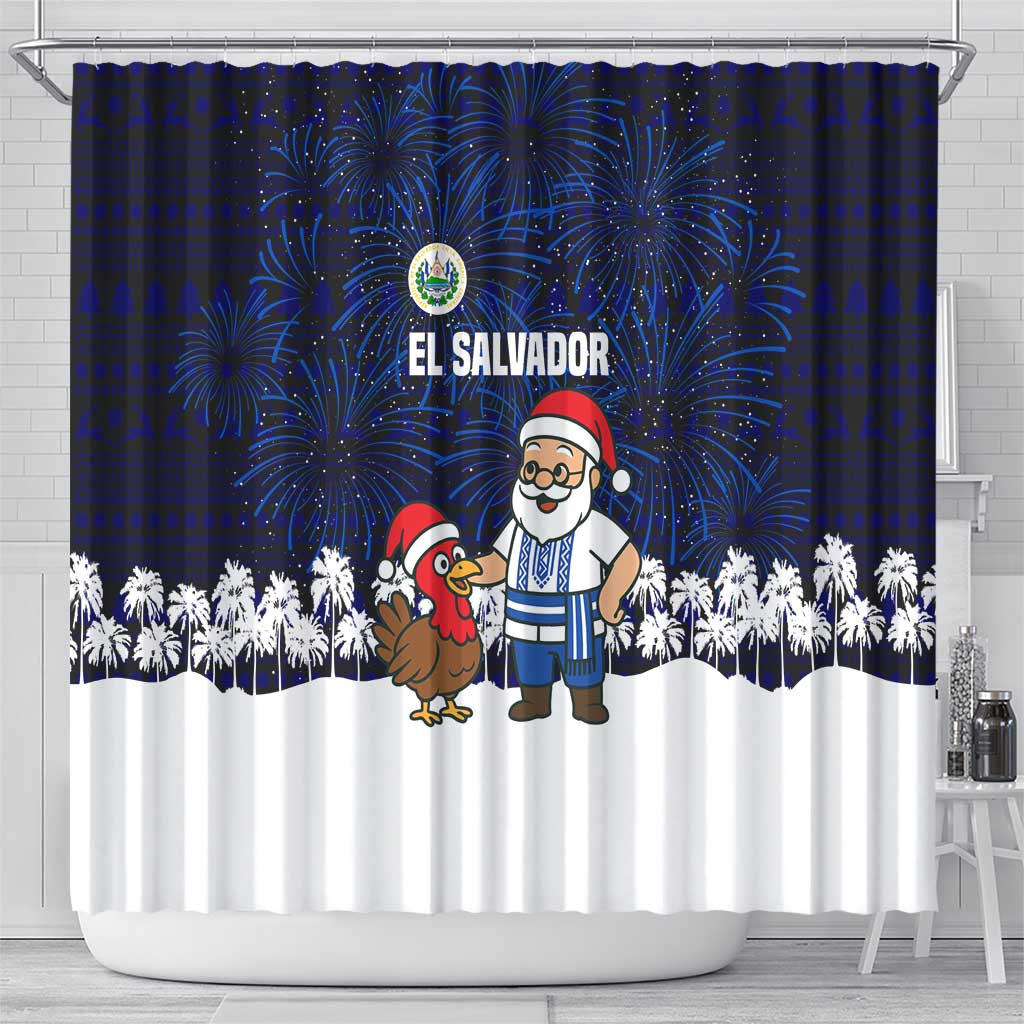 El Salvador Christmas Shower Curtain with Santa Claus Turkey Fireworks Palm Trees and National Emblem Design - Wonder Print Shop