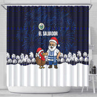 El Salvador Christmas Shower Curtain with Santa Claus Turkey Fireworks Palm Trees and National Emblem Design - Wonder Print Shop