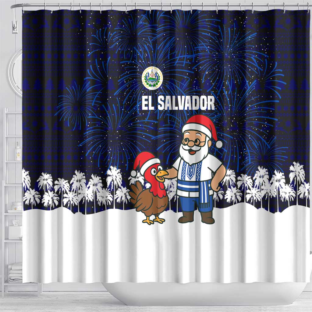 El Salvador Christmas Shower Curtain with Santa Claus Turkey Fireworks Palm Trees and National Emblem Design - Wonder Print Shop