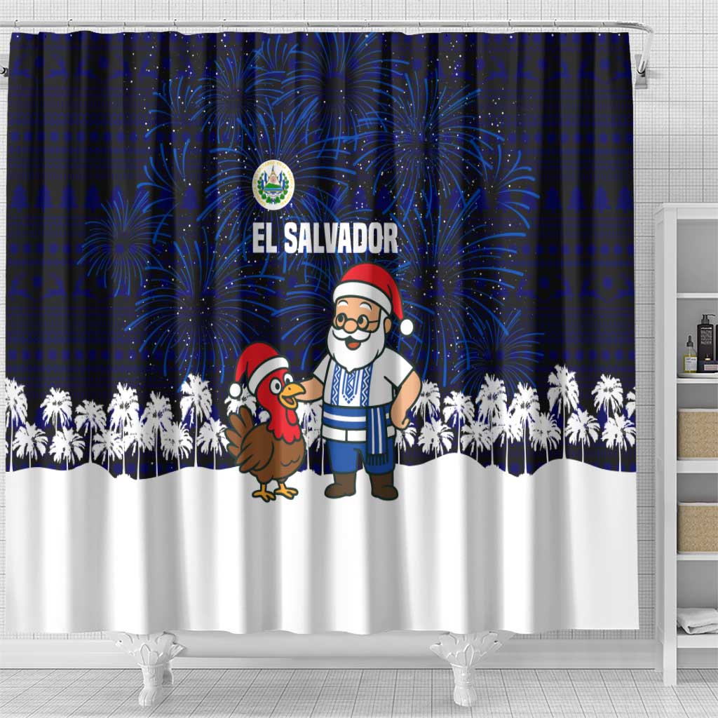 El Salvador Christmas Shower Curtain with Santa Claus Turkey Fireworks Palm Trees and National Emblem Design - Wonder Print Shop