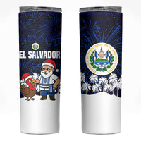 El Salvador Christmas Skinny Tumbler with Santa Claus Turkey Fireworks Palm Trees and National Emblem Design - Wonder Print Shop