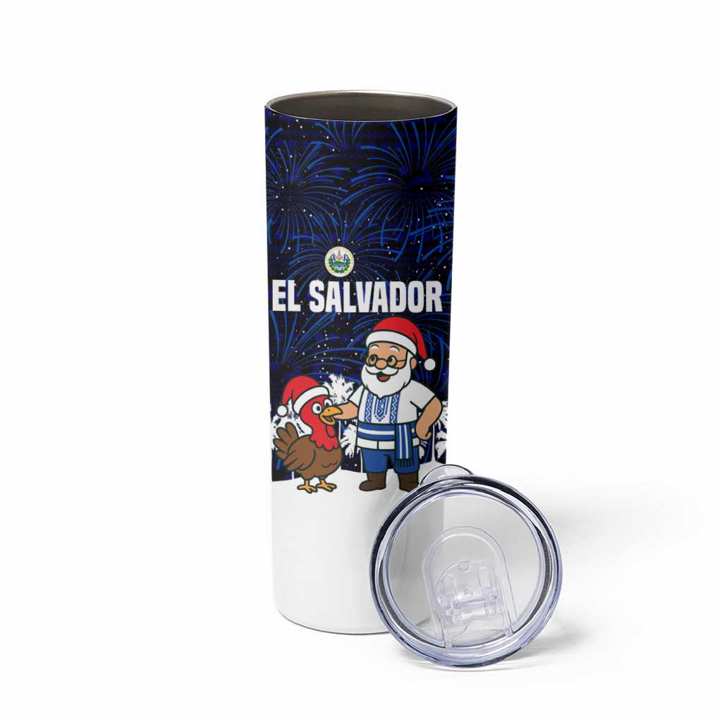 El Salvador Christmas Skinny Tumbler with Santa Claus Turkey Fireworks Palm Trees and National Emblem Design - Wonder Print Shop