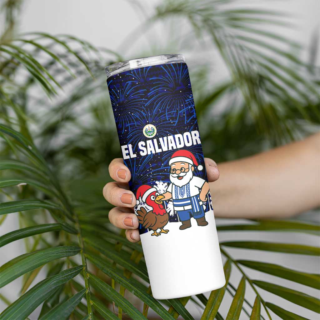 El Salvador Christmas Skinny Tumbler with Santa Claus Turkey Fireworks Palm Trees and National Emblem Design - Wonder Print Shop