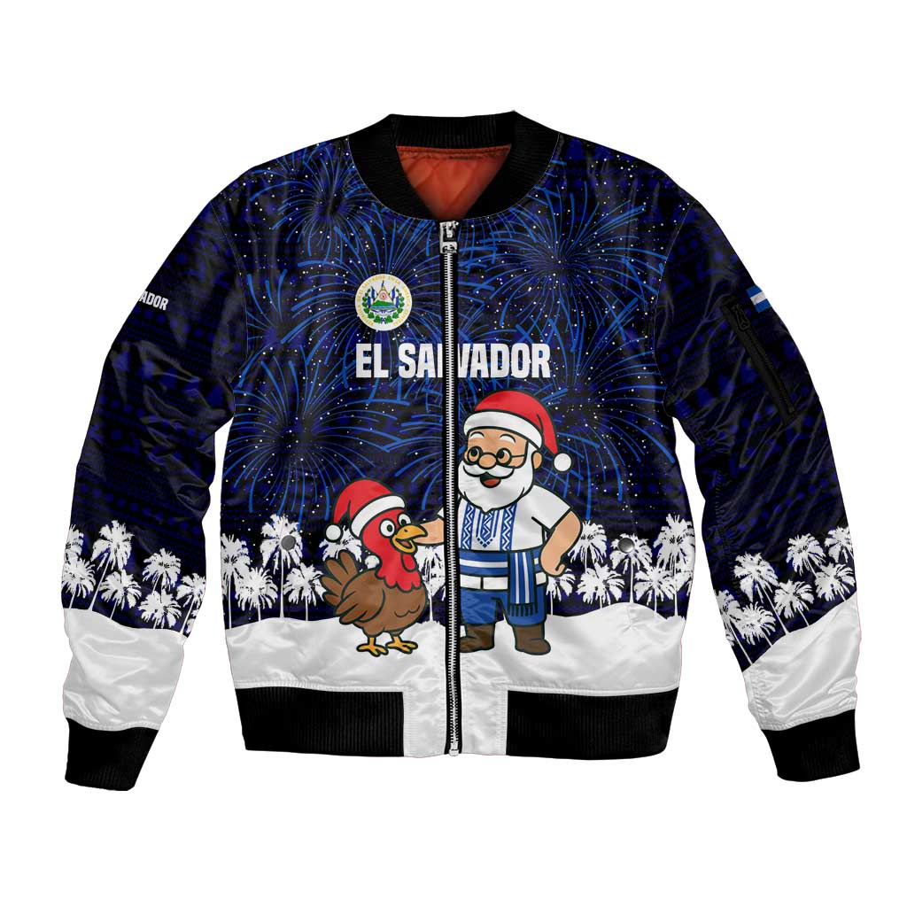 El Salvador Christmas Sleeve Zip Bomber Jacket with Santa Claus Turkey Fireworks Palm Trees and National Emblem Design - Wonder Print Shop