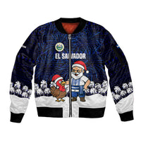 El Salvador Christmas Sleeve Zip Bomber Jacket with Santa Claus Turkey Fireworks Palm Trees and National Emblem Design - Wonder Print Shop