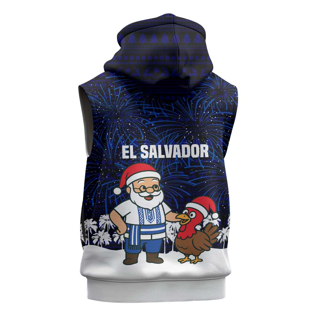 El Salvador Christmas Sleeveless Hoodie with Santa Claus Turkey Fireworks Palm Trees and National Emblem Design - Wonder Print Shop
