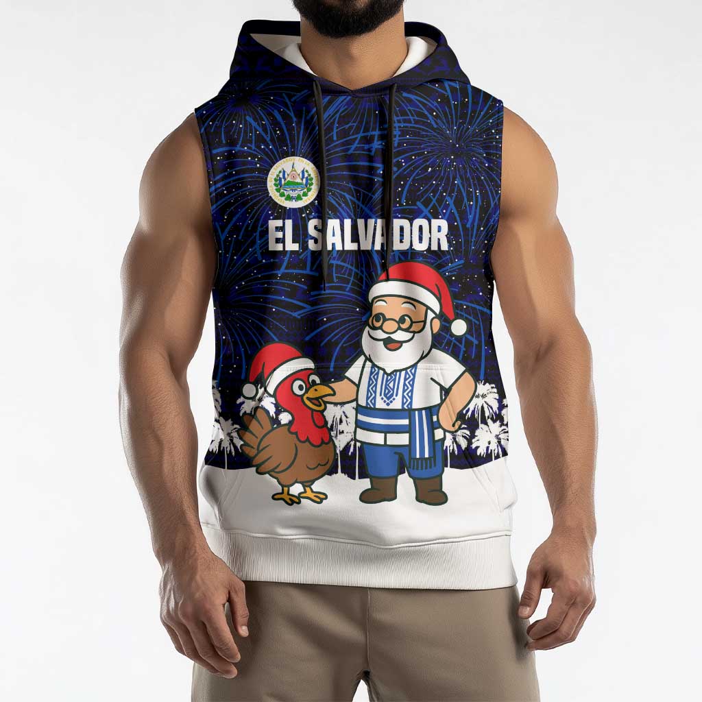 El Salvador Christmas Sleeveless Hoodie with Santa Claus Turkey Fireworks Palm Trees and National Emblem Design - Wonder Print Shop