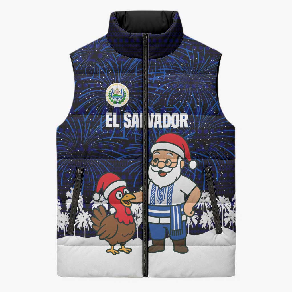 El Salvador Christmas Sleeveless Puffer Jacket with Santa Claus Turkey Fireworks Palm Trees and National Emblem Design - Wonder Print Shop