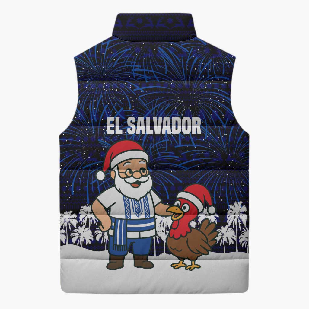 El Salvador Christmas Sleeveless Puffer Jacket with Santa Claus Turkey Fireworks Palm Trees and National Emblem Design - Wonder Print Shop
