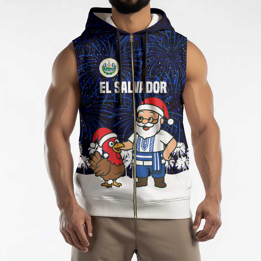 El Salvador Christmas Sleeveless Zip Hoodie with Santa Claus Turkey Fireworks Palm Trees and National Emblem Design - Wonder Print Shop