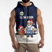 El Salvador Christmas Sleeveless Zip Hoodie with Santa Claus Turkey Fireworks Palm Trees and National Emblem Design - Wonder Print Shop