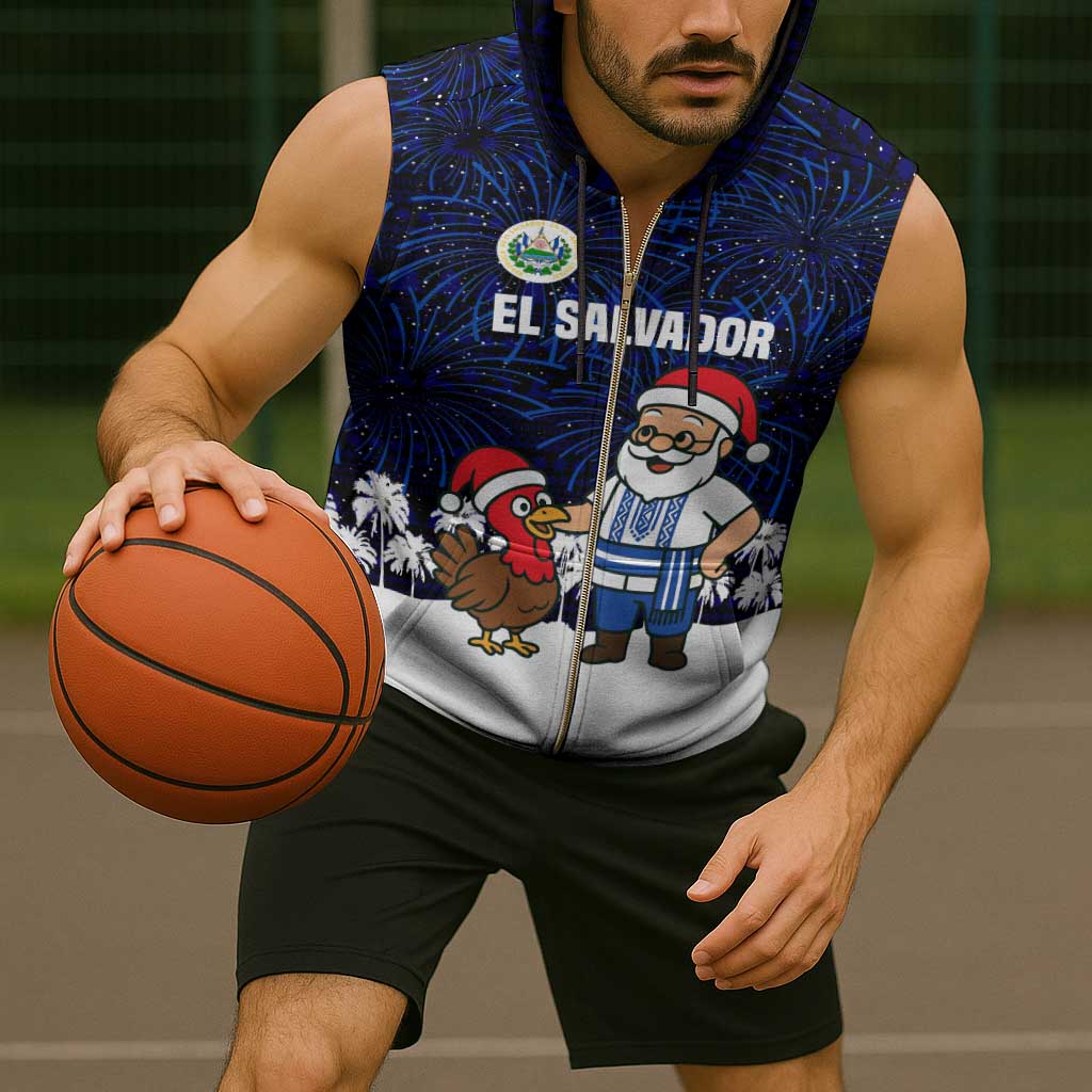 El Salvador Christmas Sleeveless Zip Hoodie with Santa Claus Turkey Fireworks Palm Trees and National Emblem Design - Wonder Print Shop