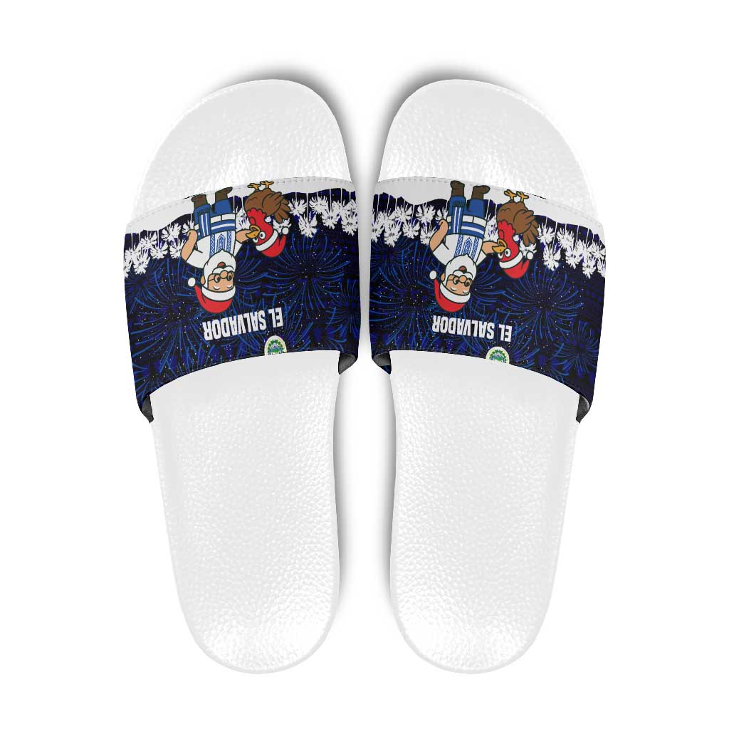 El Salvador Christmas Slide Sandals with Santa Claus Turkey Fireworks Palm Trees and National Emblem Design - Wonder Print Shop