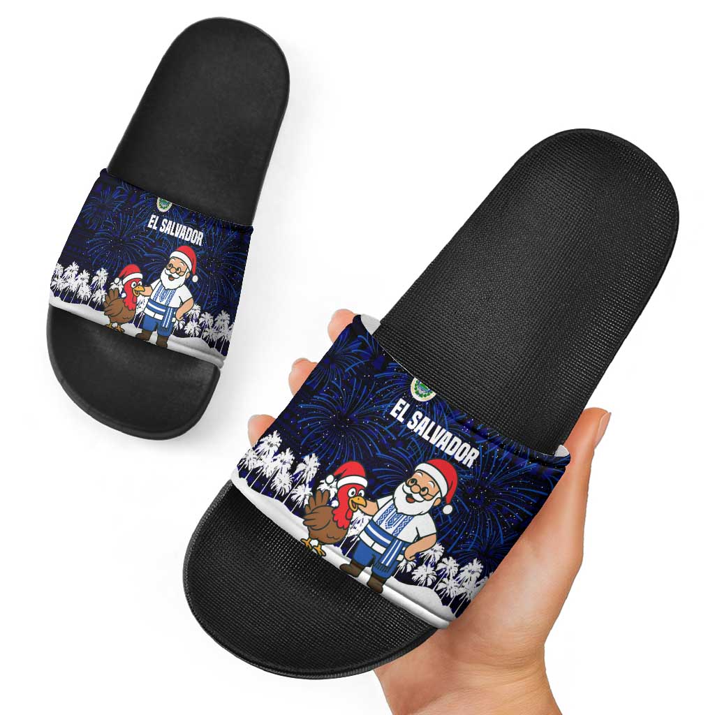 El Salvador Christmas Slide Sandals with Santa Claus Turkey Fireworks Palm Trees and National Emblem Design - Wonder Print Shop