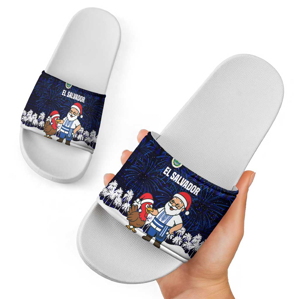 El Salvador Christmas Slide Sandals with Santa Claus Turkey Fireworks Palm Trees and National Emblem Design - Wonder Print Shop