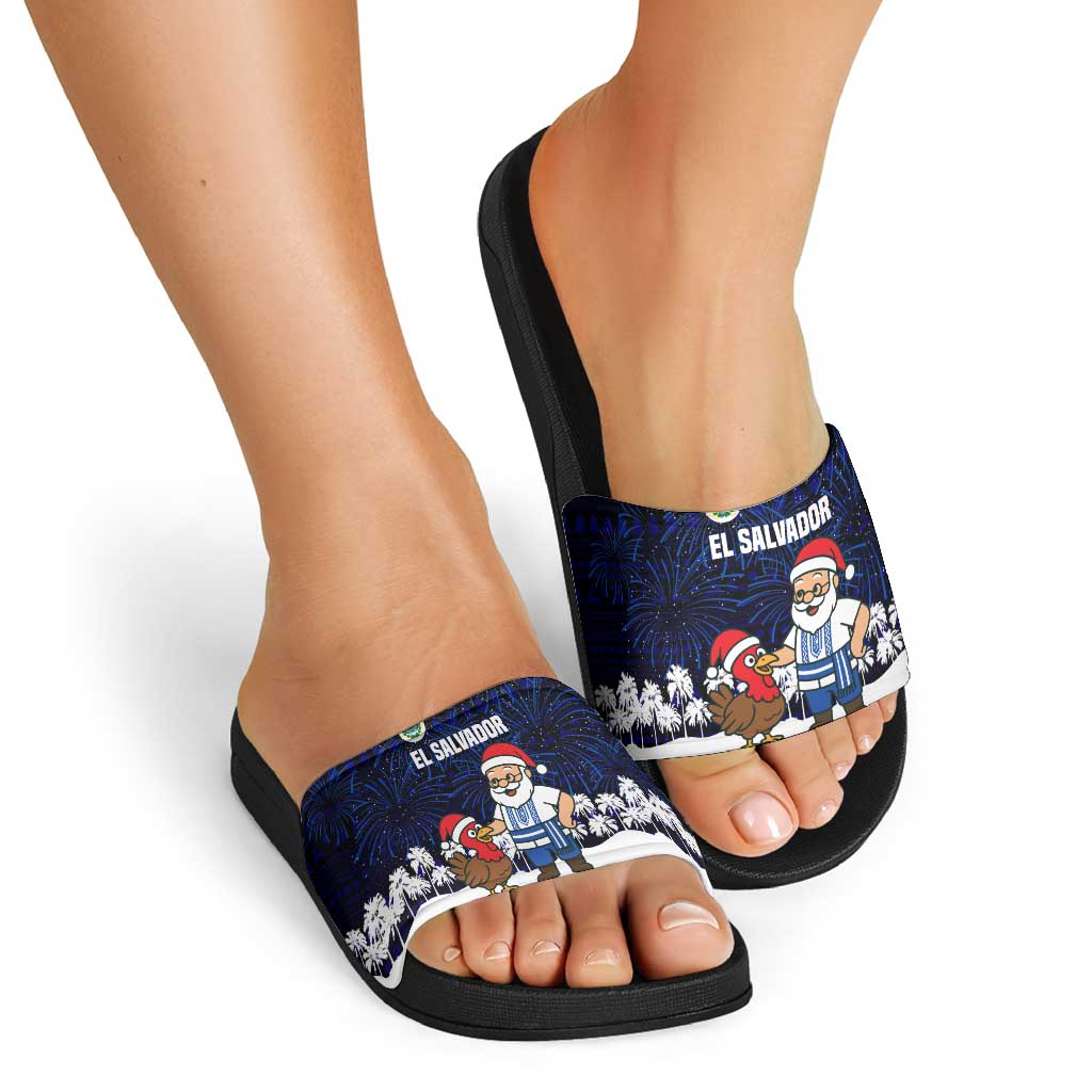 El Salvador Christmas Slide Sandals with Santa Claus Turkey Fireworks Palm Trees and National Emblem Design - Wonder Print Shop