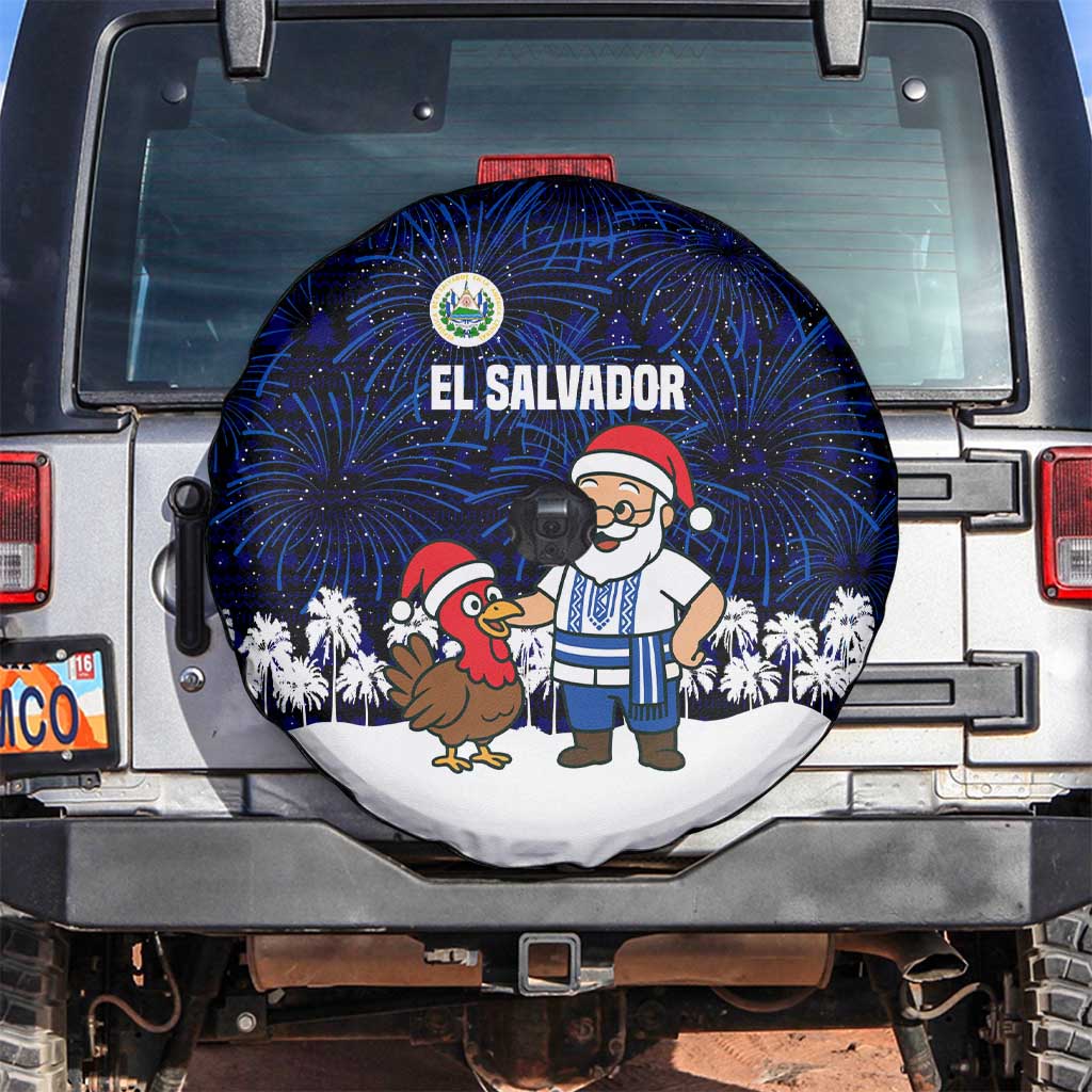 El Salvador Christmas Spare Tire Cover with Santa Claus Turkey Fireworks Palm Trees and National Emblem Design - Wonder Print Shop