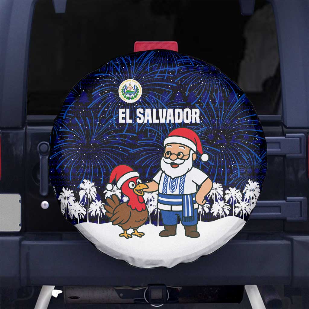 El Salvador Christmas Spare Tire Cover with Santa Claus Turkey Fireworks Palm Trees and National Emblem Design - Wonder Print Shop