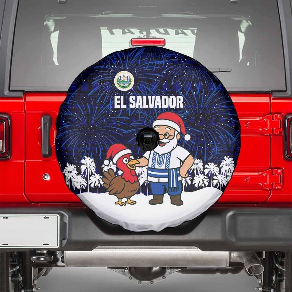 El Salvador Christmas Spare Tire Cover with Santa Claus Turkey Fireworks Palm Trees and National Emblem Design - Wonder Print Shop