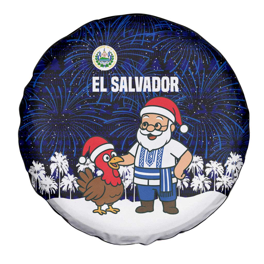 El Salvador Christmas Spare Tire Cover with Santa Claus Turkey Fireworks Palm Trees and National Emblem Design - Wonder Print Shop