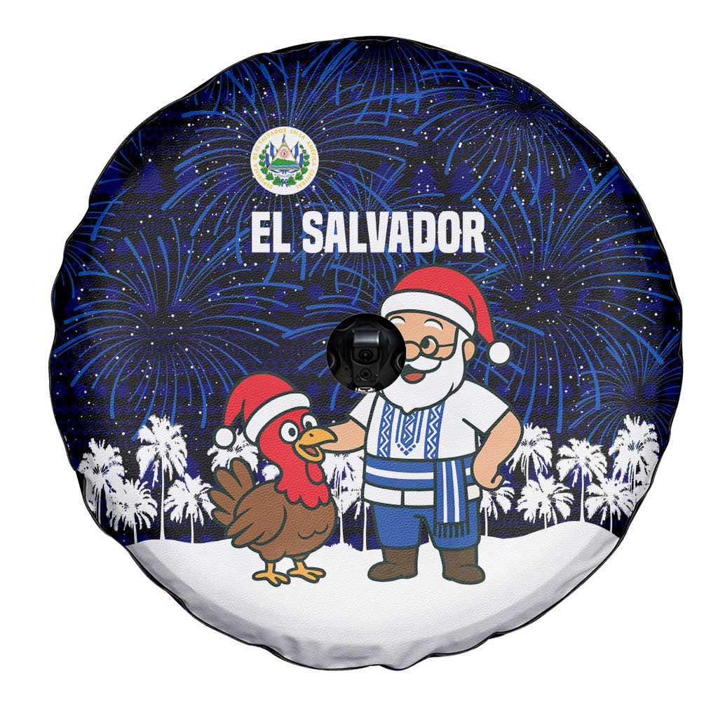 El Salvador Christmas Spare Tire Cover with Santa Claus Turkey Fireworks Palm Trees and National Emblem Design - Wonder Print Shop