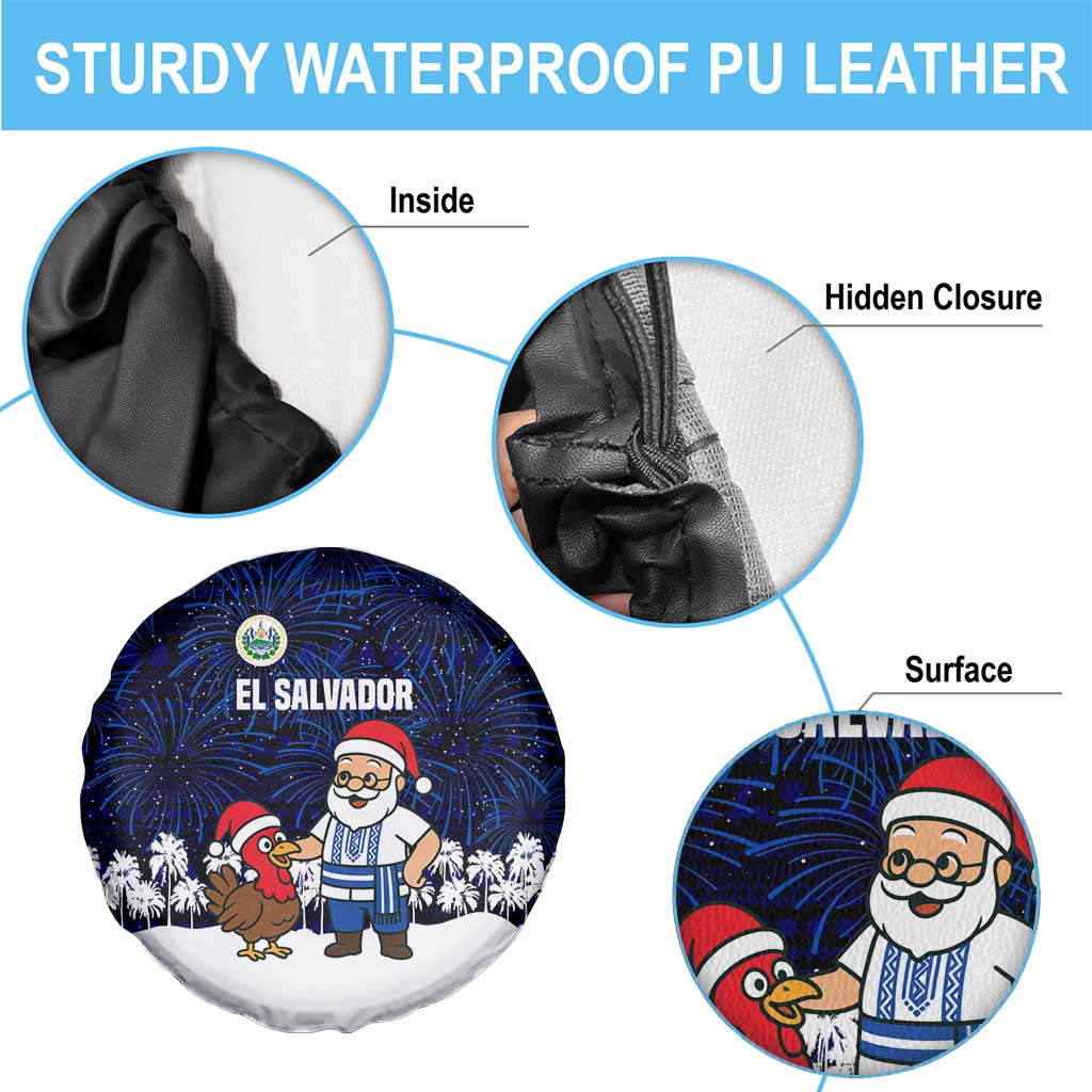 El Salvador Christmas Spare Tire Cover with Santa Claus Turkey Fireworks Palm Trees and National Emblem Design - Wonder Print Shop