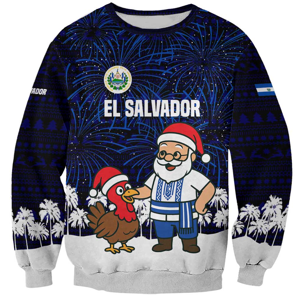 El Salvador Christmas Sweatshirt with Santa Claus Turkey Fireworks Palm Trees and National Emblem Design - Wonder Print Shop